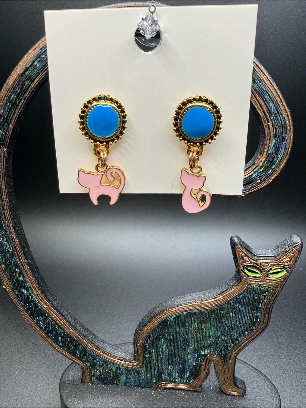 Gold-Tone Blue Disc Earrings with Pink Cat Charms